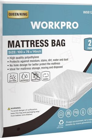 WORKPRO 2-Pack Queen/King Size Plastic Mattress Bags for Moving, 2mil Thick Water-Resistant Mattress Protector Storage Covers, Tear-Resistant Mattress Disposal Cover (78"x100")