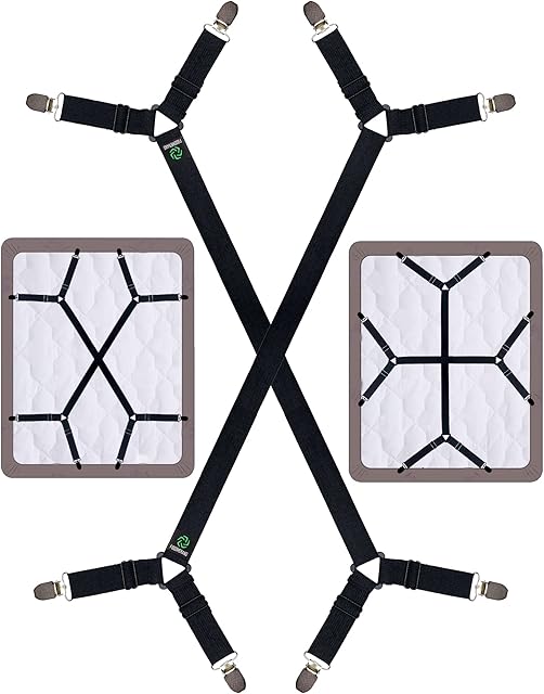 Bed Sheet Straps - Crisscross Fitted Sheet Clips and Sheet Holder Elastic Bands Bedsheet Fasten Suspenders Grippers, 2Pcs/Set Black
