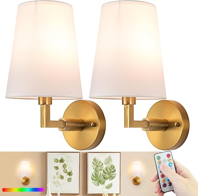 Wall Sconces Battery Operated Set of Two,Wireless Rechargeable Wall Sconce 7 Color RGB USB Up to 50 Hours Use Time,Not Hardwired Battery Operated Wall Lights for Bedroom Living Room
