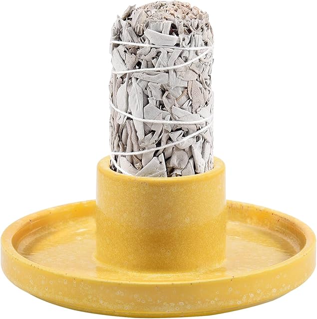 White Sage Incense Holder, Palo Santo Holder, Ceramic Sage Incense Holder and Sage Smudge Bowl for Cleansing, Smudging, and Meditation, Yellow