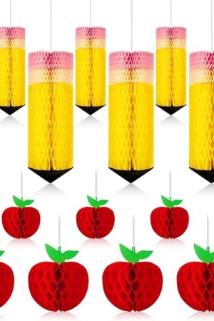 16 Pcs Back to School Decorations Apple Pencil Hanging Honeycomb Pencil Apple Paper Lanterns Hanging Decorations for Classroom First Day of School Party Supplies