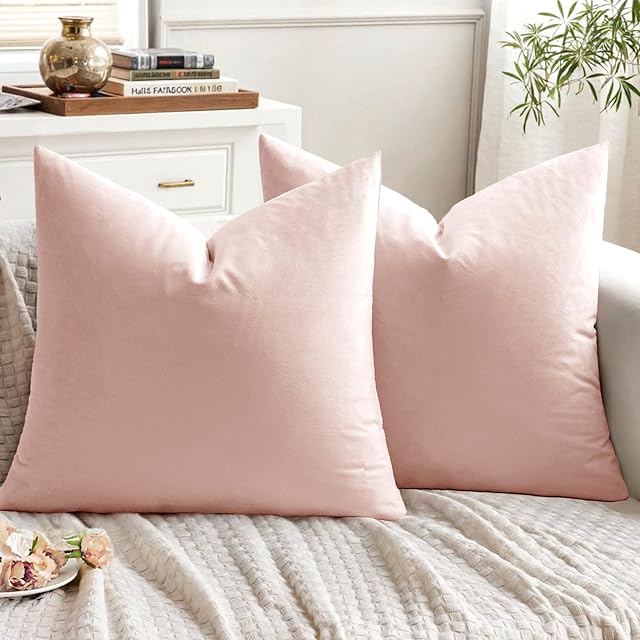 EMEMA Pack of 2 Velvet Throw Pillow Covers Decorative Square Pillowcase Soft Solid Cushion Case for Sofa Bedroom Chair Car 18x18 Inch Pink