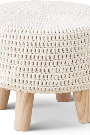 Wimarsbon Pouf Ottoman, 100% Cotton Knitted Boho Footstool, Round Footrest with Non-Skid Wood Legs, Home Décor Handmade Pouffe, Leisure Floor Step Stool for Living Room (Beige)
