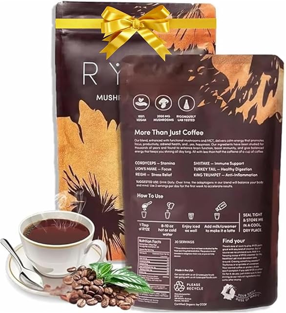 Mushroom Coffee for Better Energy and Focus | Organic 6 Adaptogenic Mushrooms Instant Blend with Lion's Mane, Turkey Tail, Chaga, MCT Oil | Clean Energy, No Jitters | Keto-Friendly | 30 Servings