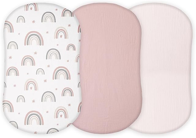 Muslin Bassinet Sheets Pack 3, 33 X 17 Inch, Pink Rainbow