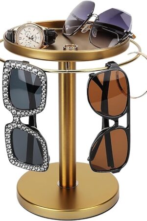 360° Rotating Sunglass Organizer Storage, Stainless Steel Glasses Holder Stand, Glasses Organizer with Tray for Desk, Dresser, Tabletop, Nightstand and Home Decor (Gold)