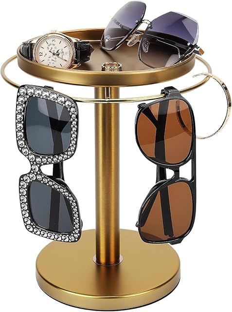 360° Rotating Sunglass Organizer Storage, Stainless Steel Glasses Holder Stand, Glasses Organizer with Tray for Desk, Dresser, Tabletop, Nightstand and Home Decor (Gold)