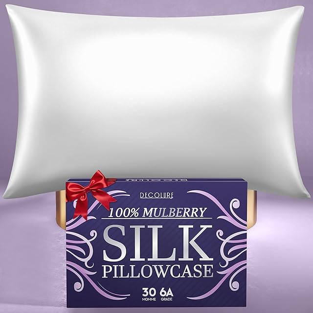 DECOLURE 100% Pure Mulberry Silk Pillow Case Standard Size – Highest Grade 30 Momme 6A+, Luxuriously Soft & Cooling Silk Pillowcase for Hair & Skin, Hypoallergenic, Breathable, Hidden Zipper (White)