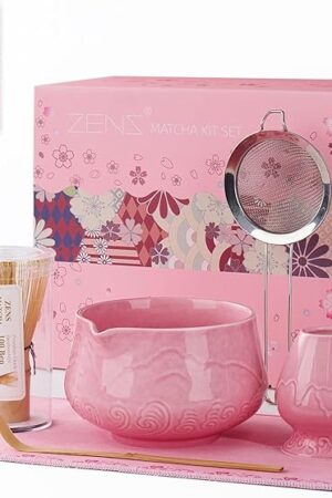 ZENS Matcha Whisk Set, 6pcs Matcha Set Pink Includes 15oz Ceramic Bowl and Bamboo Whisk (Chasen Holder) Scoop, 304 Sifter & Pink Tea Mat, Japanesse Matcha Kit for Matcha Latte-Making