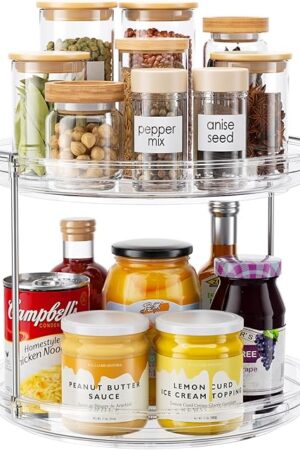 2 Tier Lazy Susan Organizer, 9.25'' Lazy Susan Turntable for Cabinet, Stackable Turntable Organizer Rotating Spice Rack Organization for Kitchen Countertop, Pantry, Bathroom, Clear