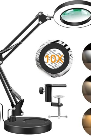 10X Magnifying Glass with Light and Stand, 2-in-1 LED Magnifier Desk Lamp, 3 Color Modes 10 Level Dimmable, Hands-Free Lighted Magnifier for Craft Repair Nail Reading Close Works (Black, Base)