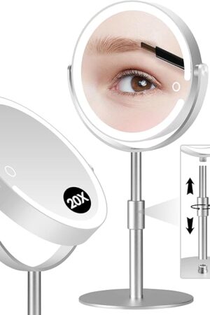 20X Magnifying Mirror with Light, Height Adjustable 2000mAh Makeup Mirror with Light, 3 Color Lights for Tabletop/Travel. Detachable Travel Makeup Mirror, Vanity Mirror for Bathroom, Silver