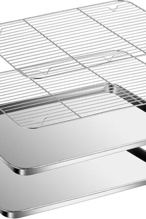 Baking Sheet with Racks Set [2 Sheets + 2 Racks], Stainless Steel Baking Sheets with Cooling Racks, Nonstick Pan, Warp Proof & Rust Proof & Easy to Clean, Size 12.4 X 9.6 X 1 Inch