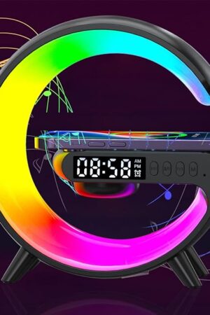 Wireless Speaker Charger Light,LED Bedside Lamp 4-in-1 Alarm Clock,Mood Light,Speaker & Wireless Charger,G-Shaped Atmosphere Lamp RGB Colour Changing Lamp for Bedroom,Birthday Gifts(Black)