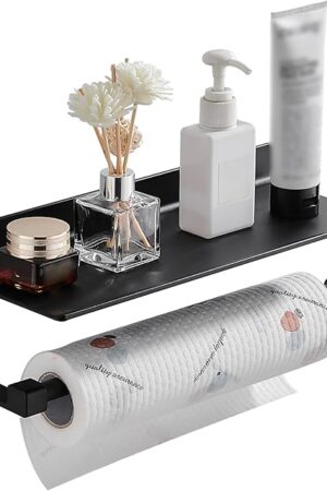 Danpoo Wall Mount Paper Towel Holder with Shelf for Bathroom/Kitchen, Adhesive Hand Towel Holder, Matte Black