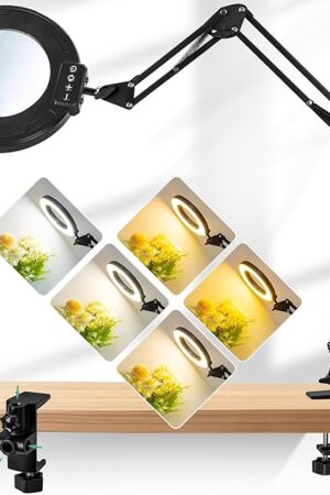 12X Magnifying Glass with Light, Ultra Long 3 Section Swing Arm LED Desk Lamp with Large Clamp, 5 Color and Brightness Hands Free Magnifier Light and Stand for Workbench Crafts Reading Painting