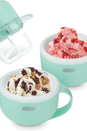 DASH My Mug Ice Cream Maker Machine (Aqua): Multi-Purpose Soft Serve Ice Cream Machine with (2) Bowls for Homemade Gelato, Sorbet, Frozen Yogurt, Built-In Ingredient Chute, Easy to Clean and Store