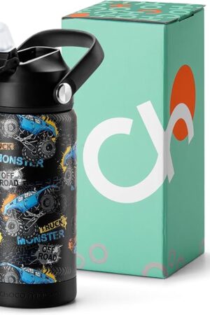 Choco Mocha Kids Water Bottle For School, Kids Insulated Water Bottle Stainless Steel for Boys,14Oz Monster Truck