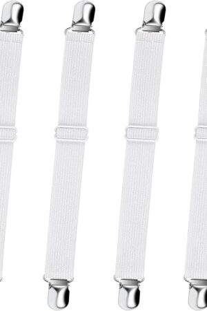 Bed Sheet Straps, Sopito Adjustable Elastic Fitted Sheet Corner Holders Straps to Stay in Place, Non-Slip Fasteners Clips Compatible for Crib to King Size Bed, White 4Pcs
