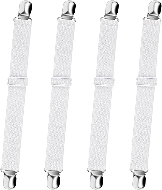 Bed Sheet Straps, Sopito Adjustable Elastic Fitted Sheet Corner Holders Straps to Stay in Place, Non-Slip Fasteners Clips Compatible for Crib to King Size Bed, White 4Pcs
