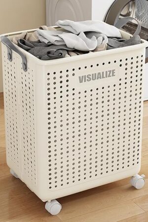 Collapsible Laundry Basket with Wheels and Handle, Plastic Foldable Laundry Hamper, Versatile Portable Storage Basket, Durable and Practical for Laundry and Bathroom (White, Large)