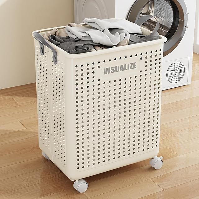 Collapsible Laundry Basket with Wheels and Handle, Plastic Foldable Laundry Hamper, Versatile Portable Storage Basket, Durable and Practical for Laundry and Bathroom (White, Large)