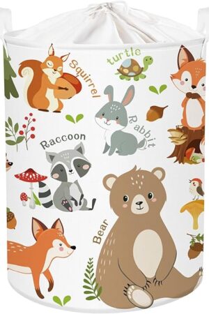 Clastyle Collapsible Words Animals Kid Book Toy Storage Basket Bear Raccoon Clothes Nursery Hamper for Bedroom Bathroom, Red Fox 45L