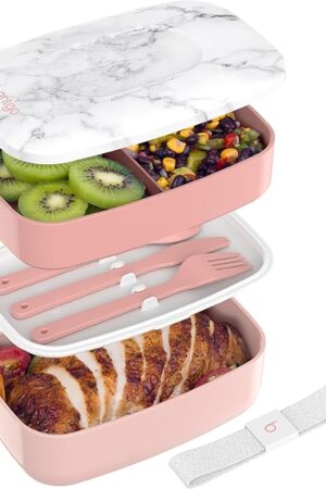 Bentgo Classic - Adult Bento Box, Stackable 3-Compartment Lunch Box with Removable Utensil Set and Sealing Strap, BPA-Free, Food Container Ideal for Meal Prep, Work, and On the Go (Blush Marble)