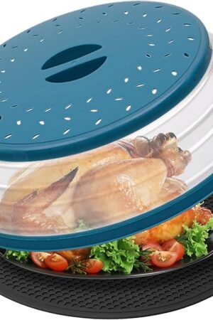 WENWELL Large Microwave Splatter Cover & Silicone Mat,12 Inchs Vented Collapsible Guard dish Plate lid & Round Kitchen mat for food