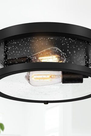Black Flush Mount Ceiling Light Fixture, Farmhouse Light Fixture with Seeded Glass Lampshade, 2-Light Industrial Close to Ceiling Lighting for Hallway, Kitchen, Entryway, Foyer(Bulb Not Included)