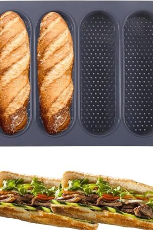 4-cavity Silicone Bread Loaf Pan, Nonstick Sourdough Loaf Pan & Heat Resistant Baguette Bread Pan, Bread Pans for Homemade Bread, Silicone Molds for Baking Hoagie Rolls, Hot Dog Buns