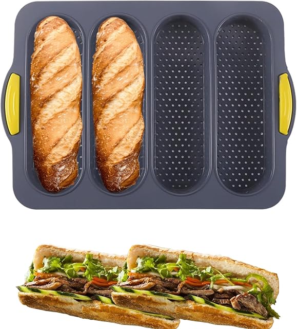 4-cavity Silicone Bread Loaf Pan, Nonstick Sourdough Loaf Pan & Heat Resistant Baguette Bread Pan, Bread Pans for Homemade Bread, Silicone Molds for Baking Hoagie Rolls, Hot Dog Buns