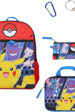 Bioworld Pokemon 5-Piece Set: 16 Backpack, Padded Utility Case, Small Utility Case, Rubber Keychain, and Carabiner