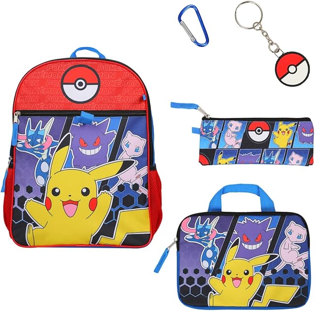 Bioworld Pokemon 5-Piece Set: 16 Backpack, Padded Utility Case, Small Utility Case, Rubber Keychain, and Carabiner