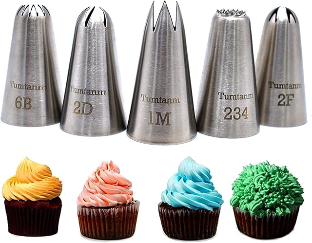 5 pack Stainless Steel Seamless large Icing Piping Nozzles, 1M 2D 6B 2F 234 DIY Icing Nozzle Tool for Cupcakes