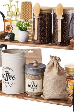 Coffee Bar Accessories, 2-Tier Coffee Bar Organizer with 4 Coffee Cup Holder Hooks, Mul-tifunctional Wooden Beaded Coffee Station Countertop Stand Shelf for Kitchen Home Office