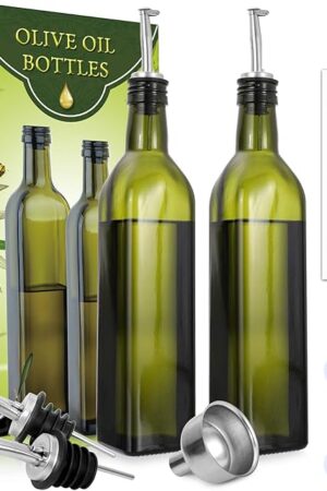 AOZITA Glass Olive Oil Dispenser Bottle Set - 500ml Dark Green Oil & Vinegar Cruet Bottle with Pourers, Funnel and Labels - Olive Oil Carafe Decanter for Kitchen, 17 Oz (Pack of 2)