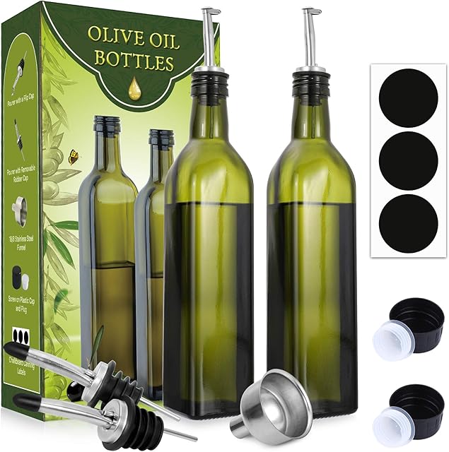AOZITA Glass Olive Oil Dispenser Bottle Set - 500ml Dark Green Oil & Vinegar Cruet Bottle with Pourers, Funnel and Labels - Olive Oil Carafe Decanter for Kitchen, 17 Oz (Pack of 2)