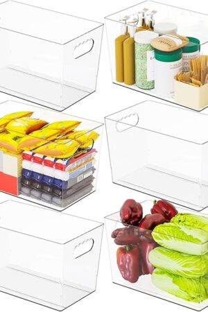 6 Pack Clear Plastic Storage Bins for Freezer,Pantry Storage Containers,11″ Large Snack,Food Storage Bins with Handle for Shelves,Refrigerator,Kitchen,Cabinet,Acrylic Bins for Cleaning Supply Storage