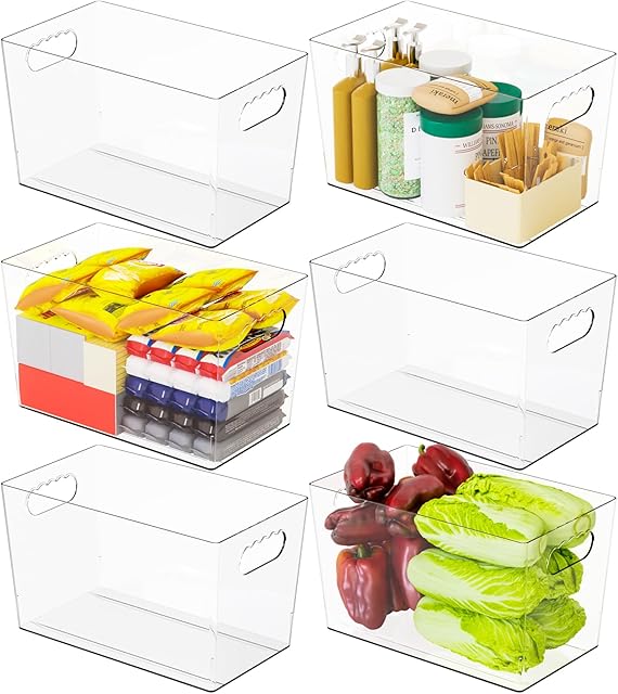 6 Pack Clear Plastic Storage Bins for Freezer,Pantry Storage Containers,11″ Large Snack,Food Storage Bins with Handle for Shelves,Refrigerator,Kitchen,Cabinet,Acrylic Bins for Cleaning Supply Storage
