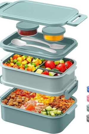 DaCool Lunch Box Adults Bento Box 74 OZ All-in-One Stackable Lunch Box Containers for Adult Large Bento Box with Fork Spoon Sauce Boxes, Leakproof Lunchbox for Work School Dining Out, Morandi-Green