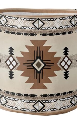 Boho Western Large Laundry Basket,Collapsible Bag with Easy Carry Handles,16.5x17in Waterproof Foldable Freestanding Hamper,Washing Bin Clothes Storage Round Southwest Native American Indian Geometric