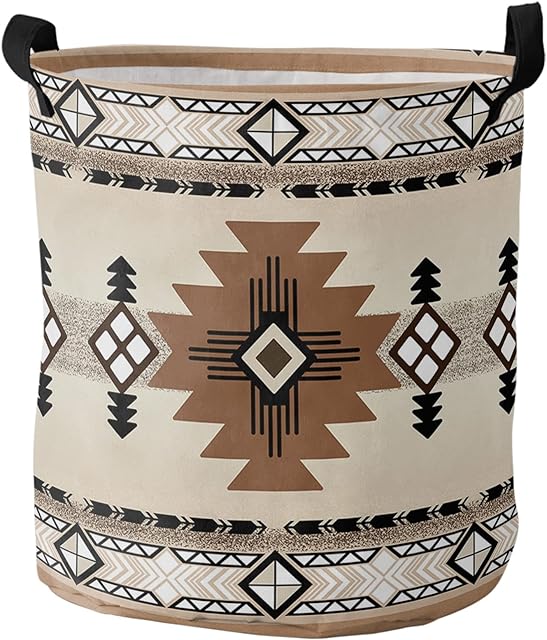 Boho Western Large Laundry Basket,Collapsible Bag with Easy Carry Handles,16.5x17in Waterproof Foldable Freestanding Hamper,Washing Bin Clothes Storage Round Southwest Native American Indian Geometric