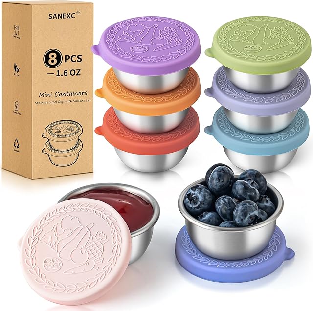 8 Pack - 1.6 Oz Small Salad Dressing Containers To Go, Leakproof Condiment Containers with Lids Reusable Stainless Steel Sauce Cups for Lunch Boxes Kitchen Storage Picnics Travel Meal Prep