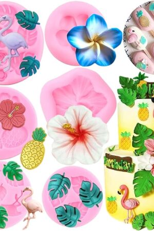 ZiXiang Flamingo Tropical Leaf Silicone Mold Plumeria Hibiscus Flower Fondant Molds Birds Pineapple Chocolate Molds For Cupcake Cake Topper Decorating Candy Gum Paste Set Of 6