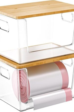 2 Set Pantry Organizer and Storage, Stackable Trash Bag Dispenser Clear Acrylic Kitchen Counter Pantry Baskets for Potato, Onion, Produce, Fruit, Vegetable, Snack, Trash Bag Holder with Bamboo Lid