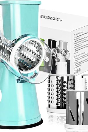 X Home Rotary Cheese Grater for Kitchen, Shredder with 3 Interchangeable Blades, Rotary Grater with Handle and Strong Suction Base, for Vegetables, Fruit, Nuts, Easy to Use and Clean, Blue