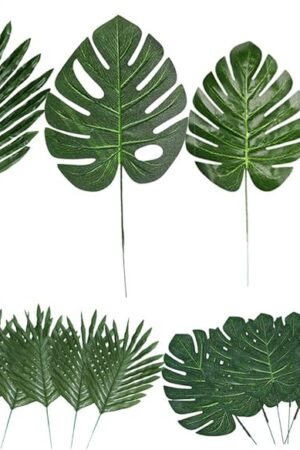60 Pieces 4 Kinds Artificial Palm Leaves with Faux Stems Tropical Plant Leaves Monstera Leaves Safari Leaves for Hawaiian Luau Party Jungle Beach Table Leave Decorations