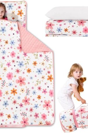 Cozyholy Toddler Nap Mat with Pillow and Blanket Pink Floral Leaves Fleece Kindermat Girls Nap Mats for Preschool Daycare Kids Sleeping Bag Portable Sleeping Mat Toddler Cot Bed for Travel Camping