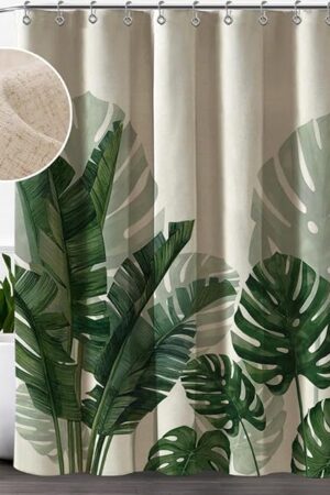 Baccessor Linen Shower Curtain Tropical Green Leaf Shower Curtains Botanical Banana Monstera Leaf Palm Tree Water Repellent Heavy Duty Fabric Cloth Shower Curtain for Bathtubs Hotel 72 W X 72 L Inch
